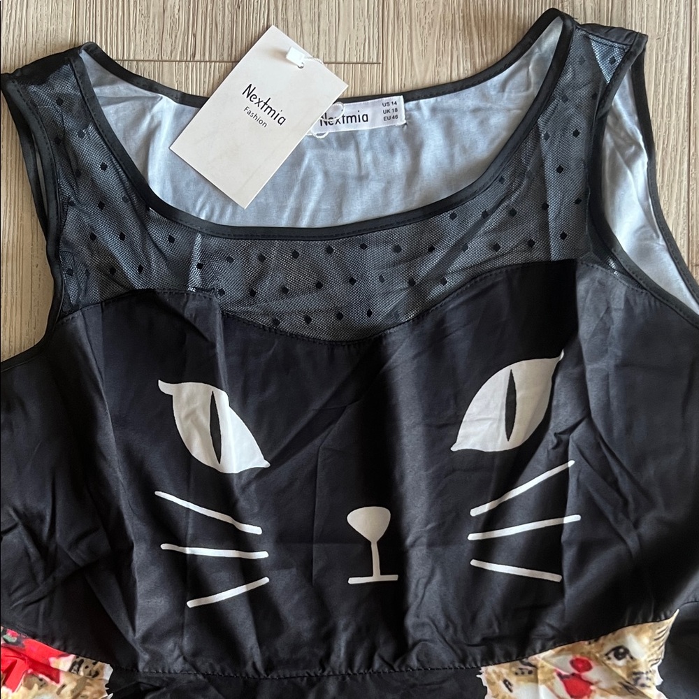 Festive Cat Print Midi Dress in Black by Nextmia - Picture 2 of 4